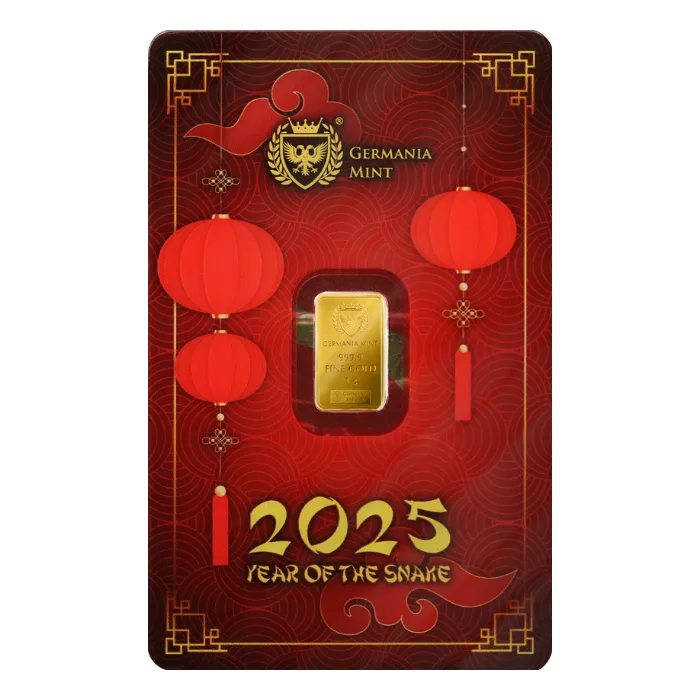 2025 Germania Mint Chinese Year of the Snake 1g Gold Safepack Bar rear image