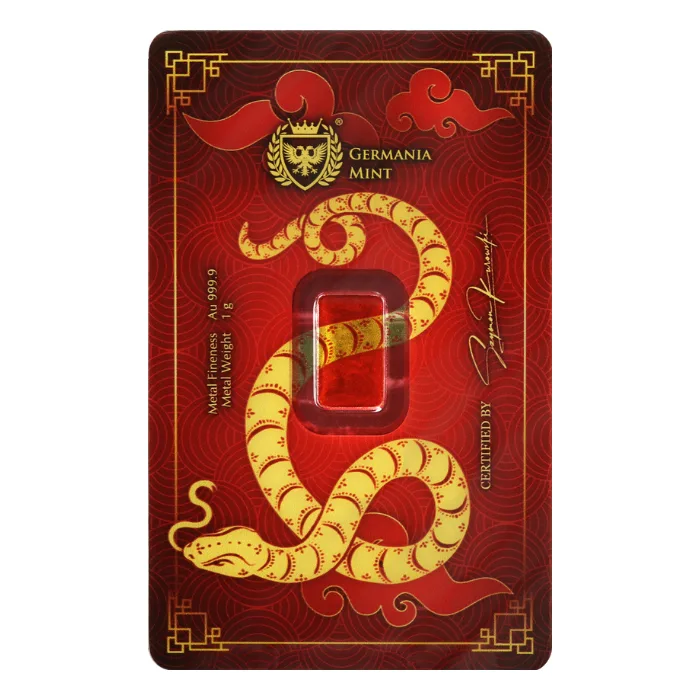 2025 Germania Mint Chinese Year of the Snake 1g Gold Safepack Bar front image
