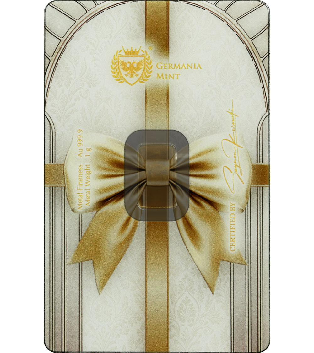 2025 Germania Mint Best Wishes 1g Gold Safepack Bar front image