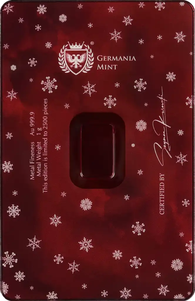 2025 Germania Mint Christmas Edition 1g Gold Safepack Bar rear image