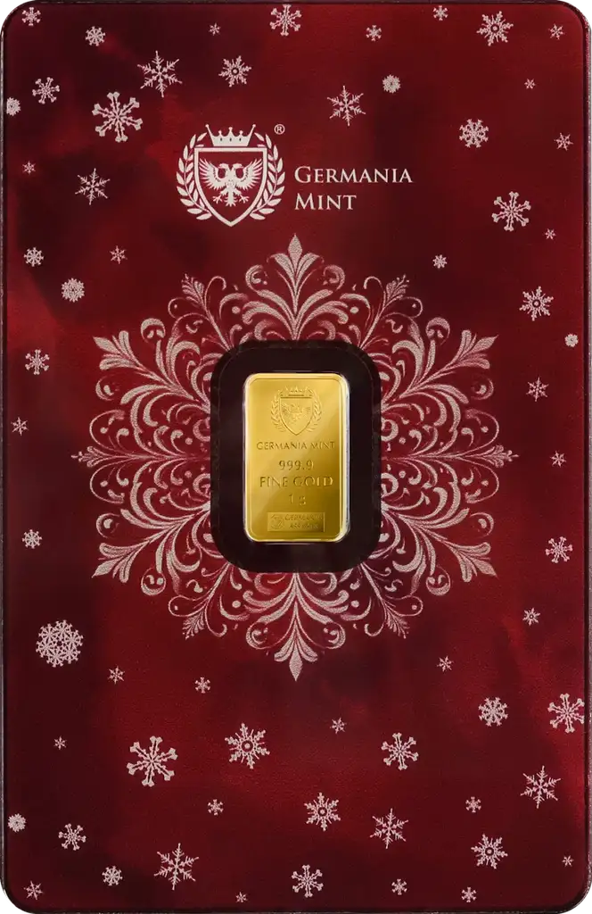 2025 Germania Mint Christmas Edition 1g Gold Safepack Bar front image