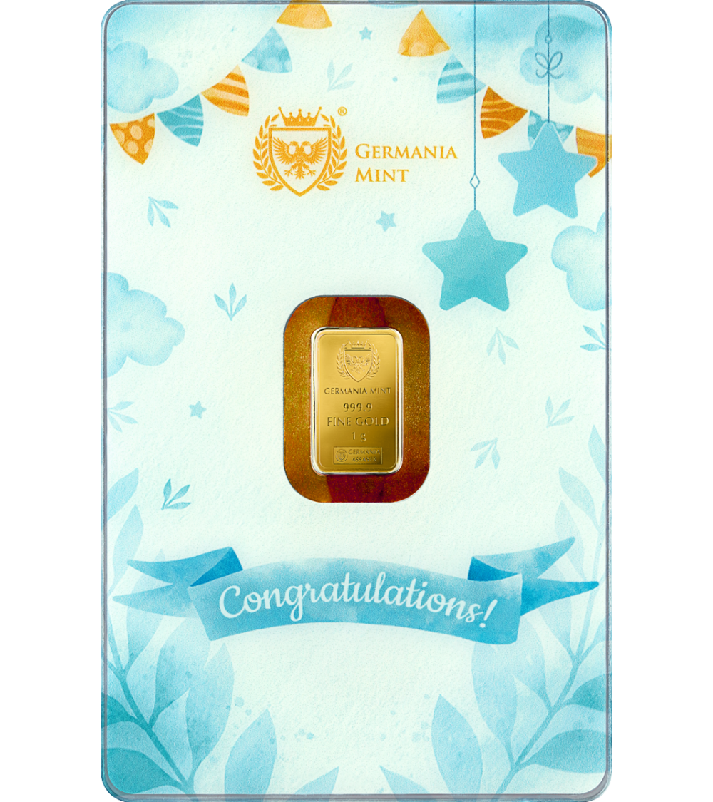 2025 Germania Mint New Born - Boy 1g Gold Safepack Bar front image