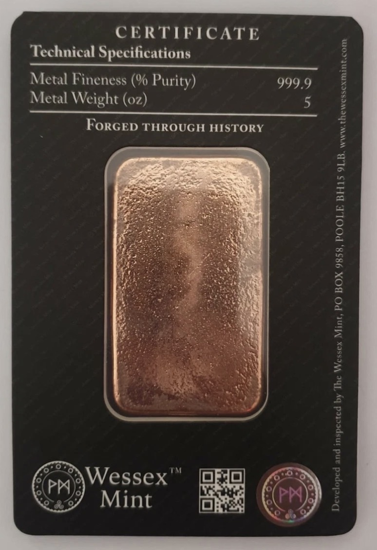 Wessex Mint 5oz Copper Bar rear image