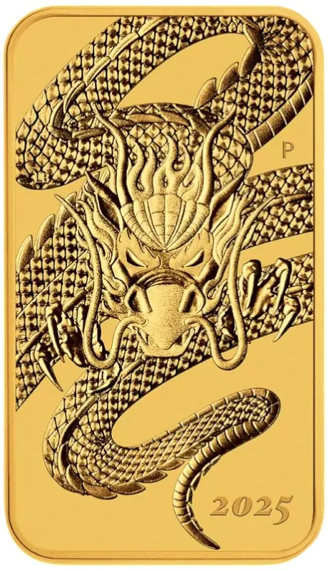 2025 Perth Mint Dragon 1oz Gold Bar front image