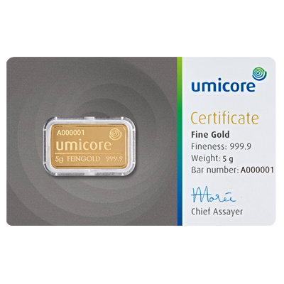 Umicore 5g Gold Bar front image
