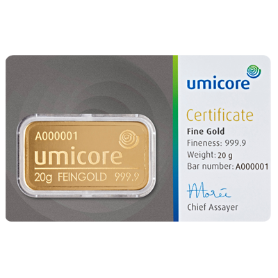 Umicore 20g Gold Bar front image