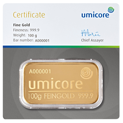 Umicore 100g Gold Bar front image