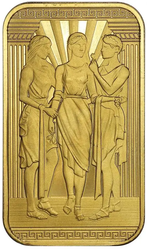 The Royal Mint Three Graces 1oz Gold Bar front image